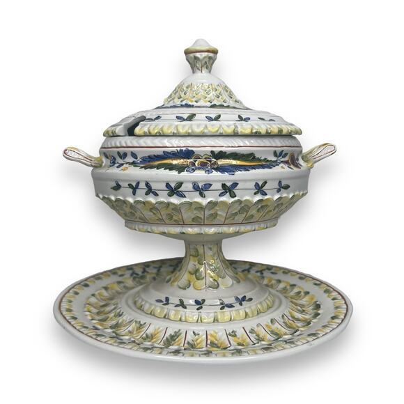 Hand Painted Vintage Italian Faience Footed Porcelain Tureen W/ Underplate Italy - Picture 1 of 15